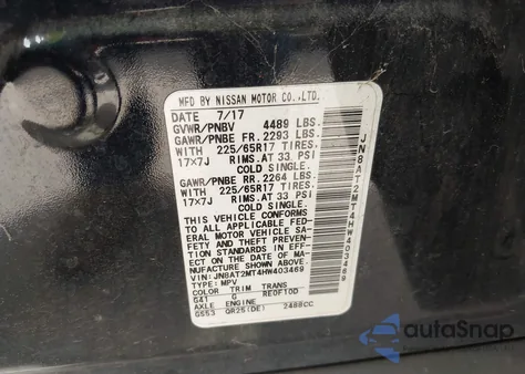 2017 Nissan Rogue Sv z USA, uszkodzony, nr VIN JN8AT2MT4HW403469